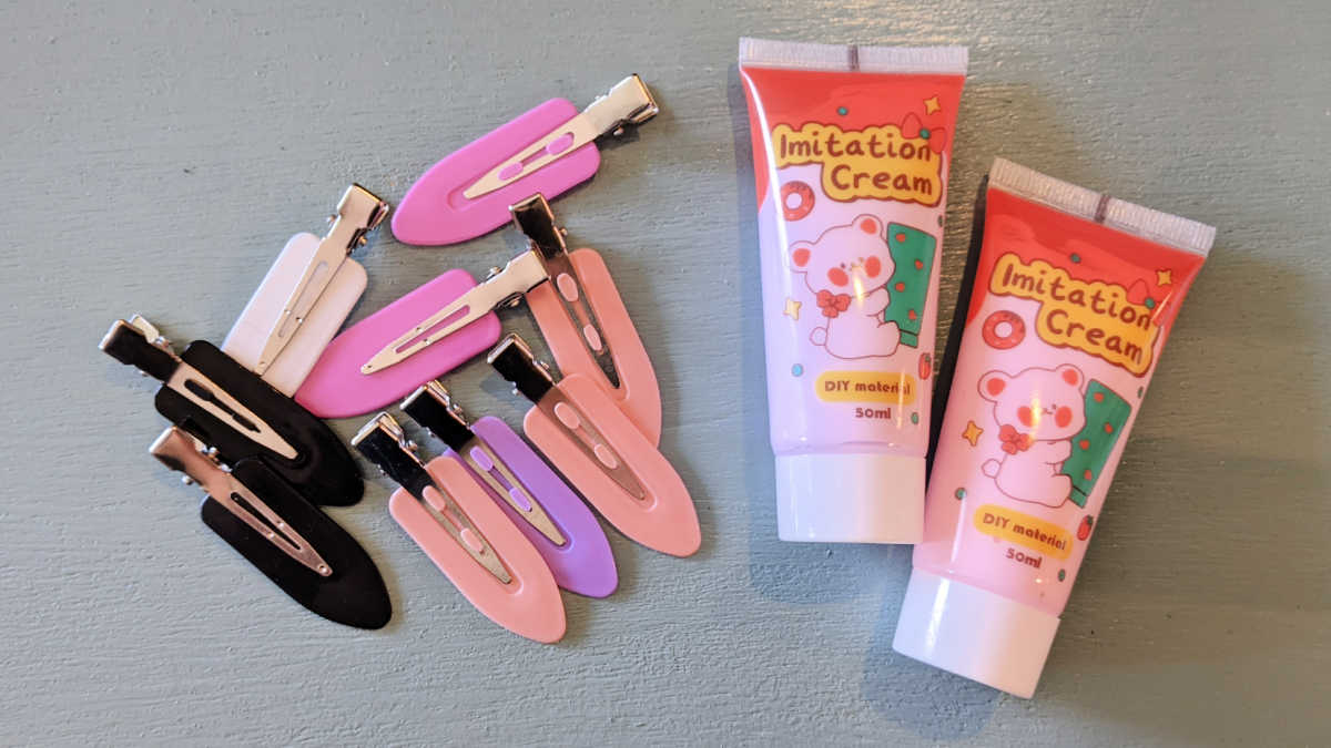 supplies hair clips and cream glue