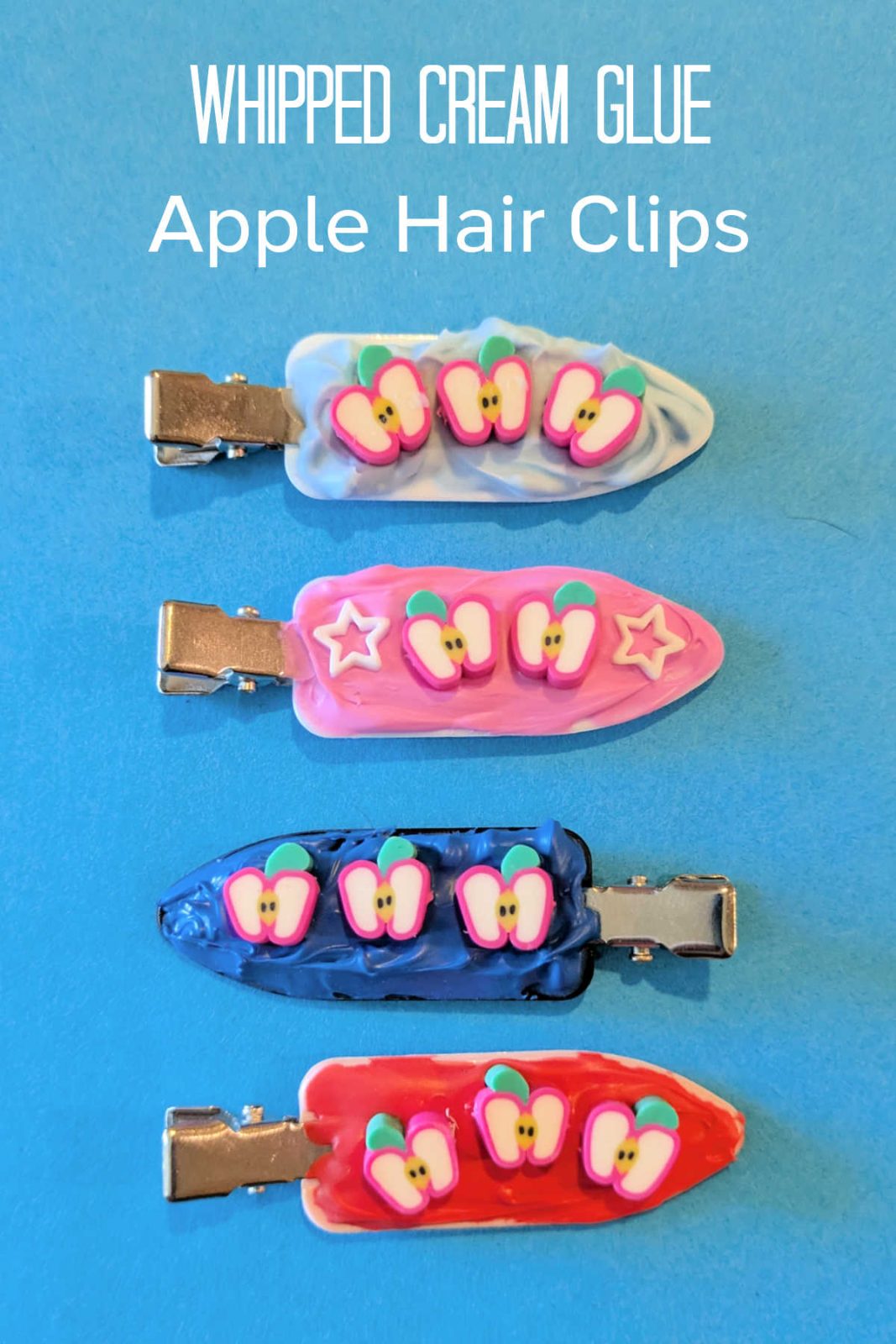 Celebrate fall with these cute Apple Hair Clips! This easy DIY project uses whipped cream glue, apple embellishments, and your individual creativity. The unique and functional hair accessories are a great back-to-school gift or fall activity for all ages!