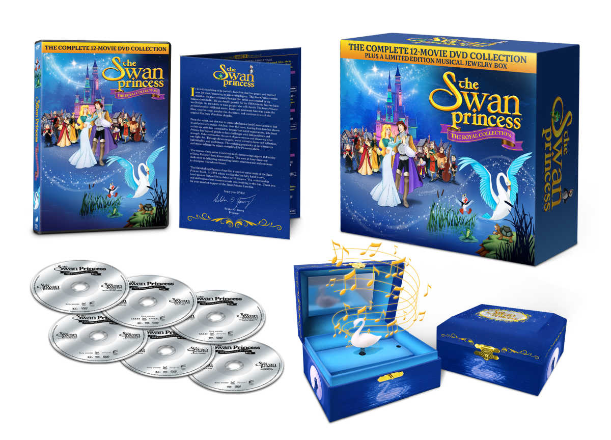 Get ready to dive back into an enchanting world with The Swan Princess Limited Edition Gift Set! Sony Pictures Home Entertainment is celebrating 30 years of this beloved animated series with a 12 movie DVD collection that includes a keepsake music box.