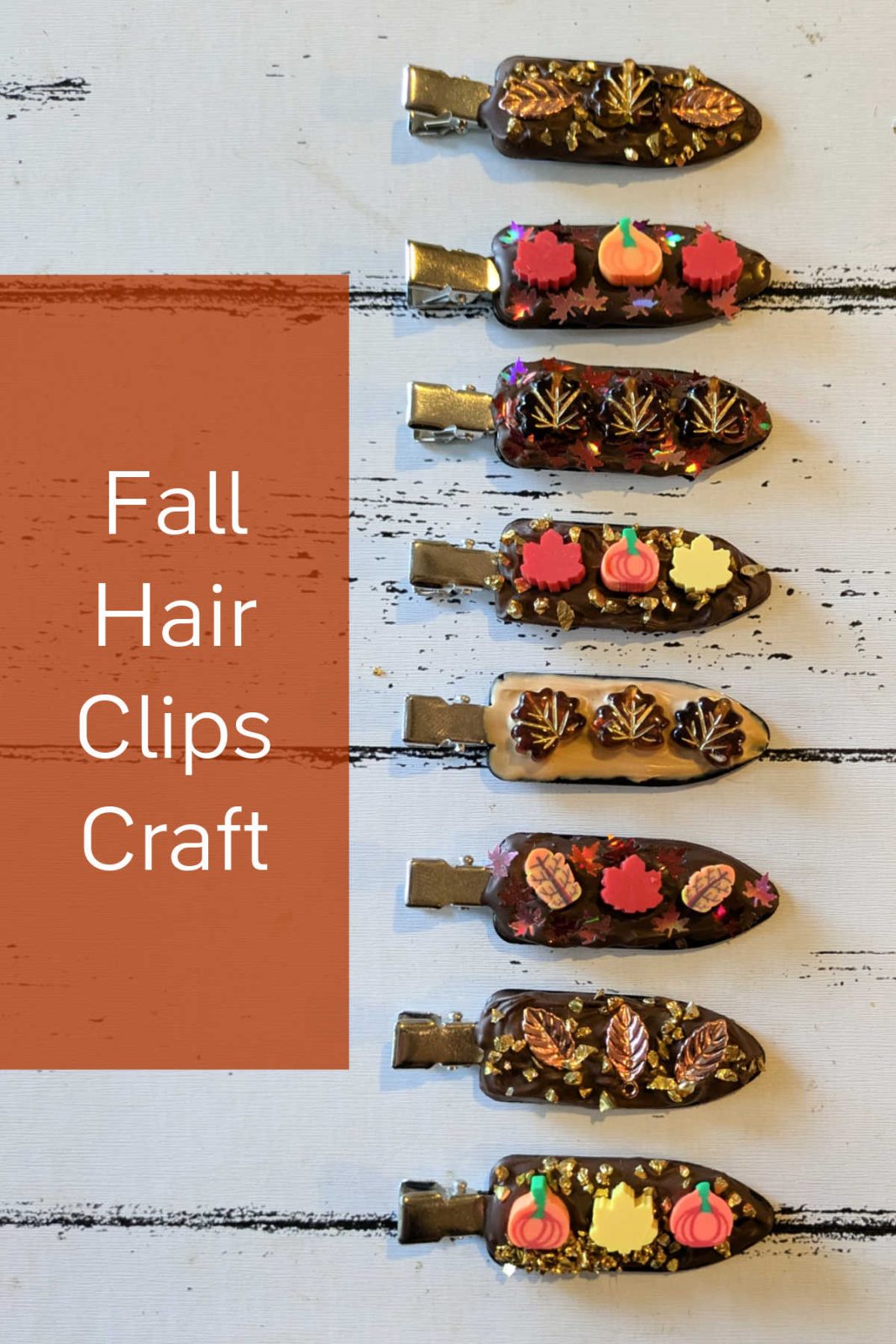 Create this easy and adorable DIY fall hair clips craft! Use whipped cream glue and fall-themed embellishments to make unique hair accessories perfect for autumn.