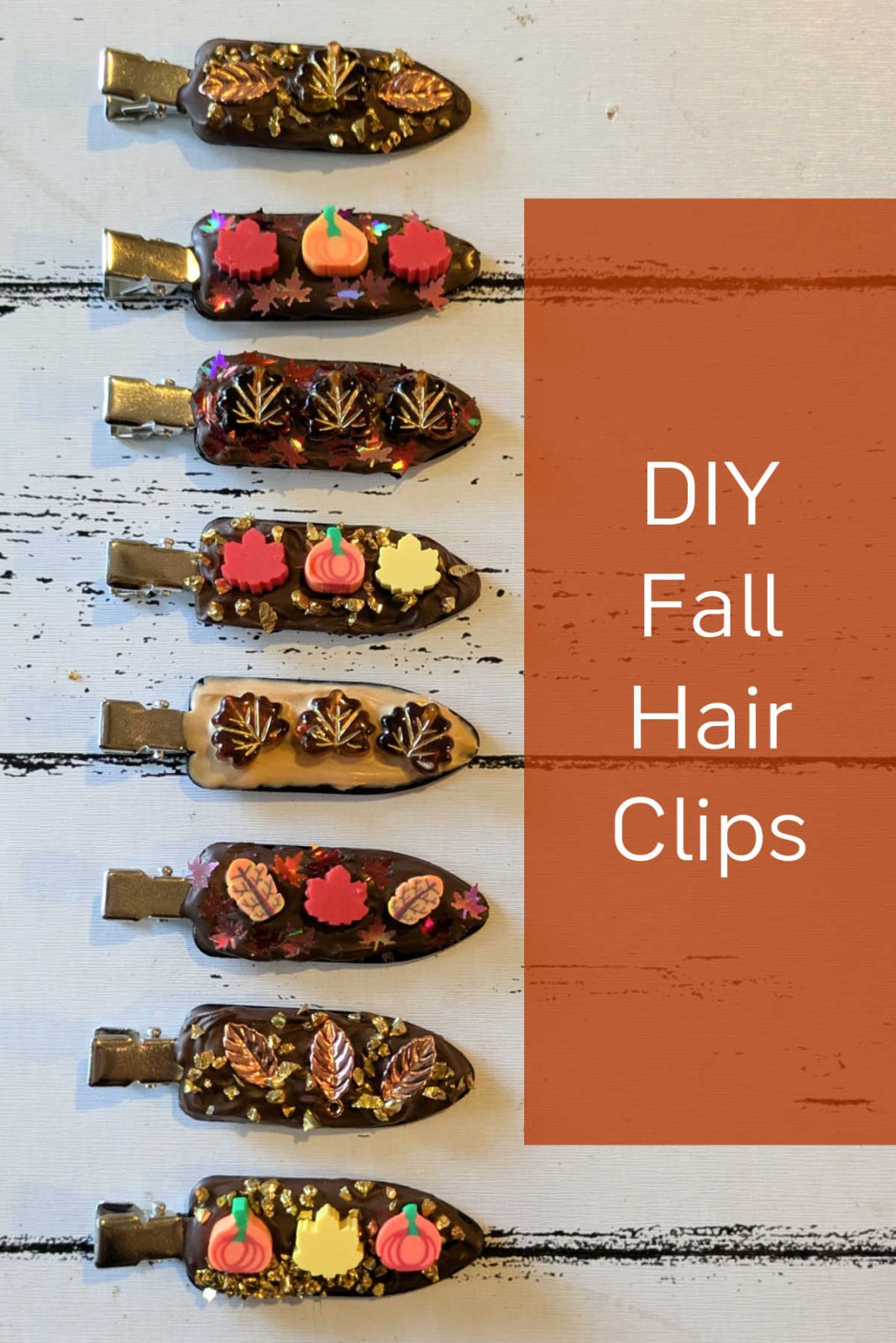 Create this easy and adorable DIY fall hair clips craft! Use whipped cream glue and fall-themed embellishments to make unique hair accessories perfect for autumn.