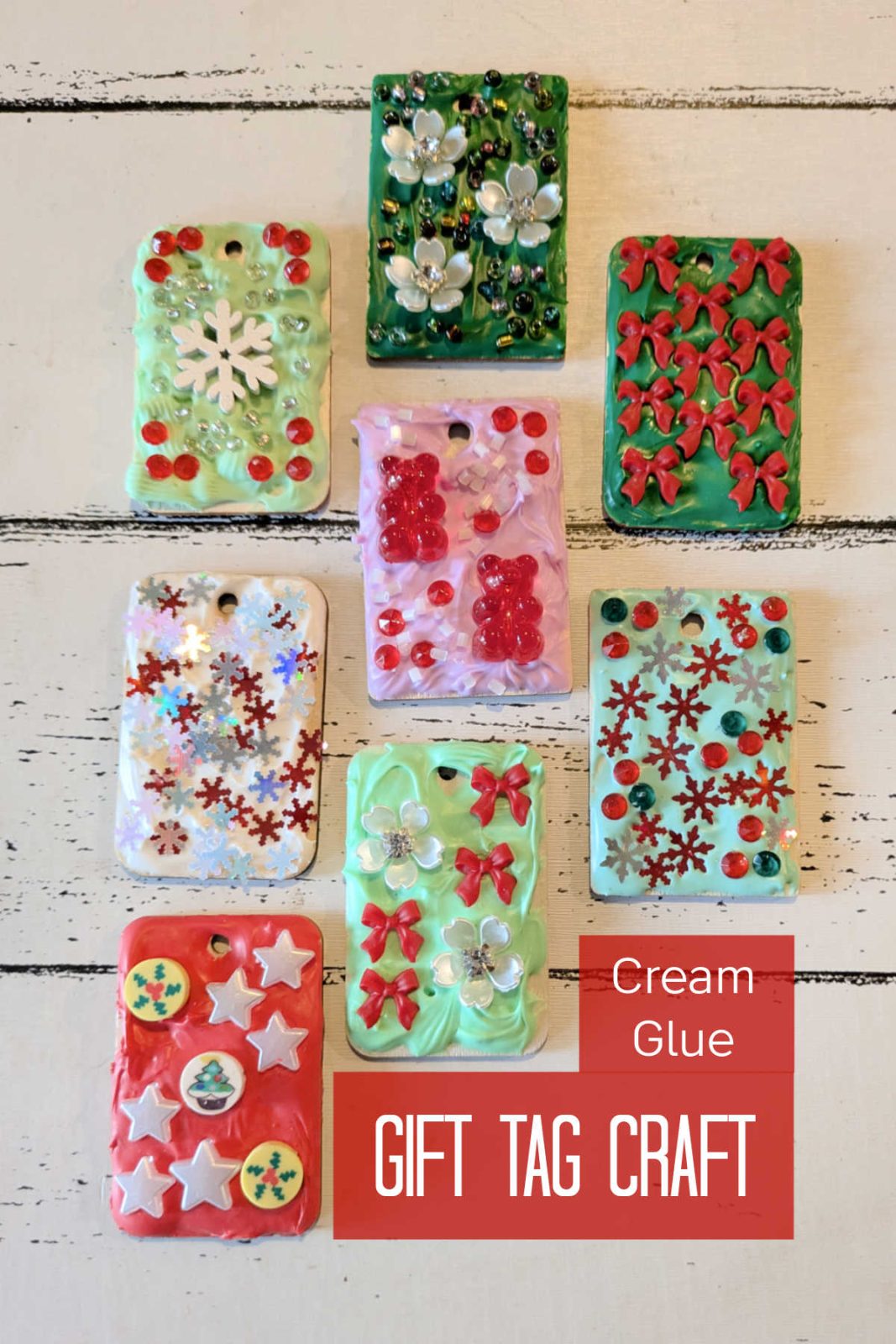 Add a personal touch to your holiday gifts with these DIY Cream Glue Christmas Gift Tags! This easy and fun craft uses whipped cream glue, festive embellishments, and your creativity to create unique and beautiful gift tags. This is a fun craft activity for children and adults. 