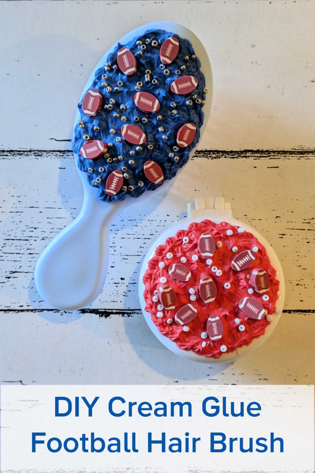 Create a game-day glam football hair brush with this easy DIY project! Use whipped cream glue and football-themed decorations to personalize your hairbrush. It's fun for any football fan!