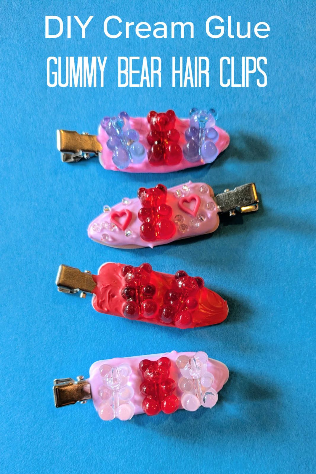 DIY Gummy Bear Hair Clips will add a touch of sugary sweetness to your hairstyle! This easy and fun craft uses whipped cream glue and cute gummy bear embellishments. These unique and playful hair accessories are fun for kids and adults.