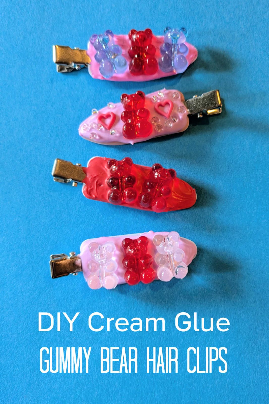 DIY Gummy Bear Hair Clips will add a touch of sugary sweetness to your hairstyle! This easy and fun craft uses whipped cream glue and cute gummy bear embellishments. These unique and playful hair accessories are fun for kids and adults.