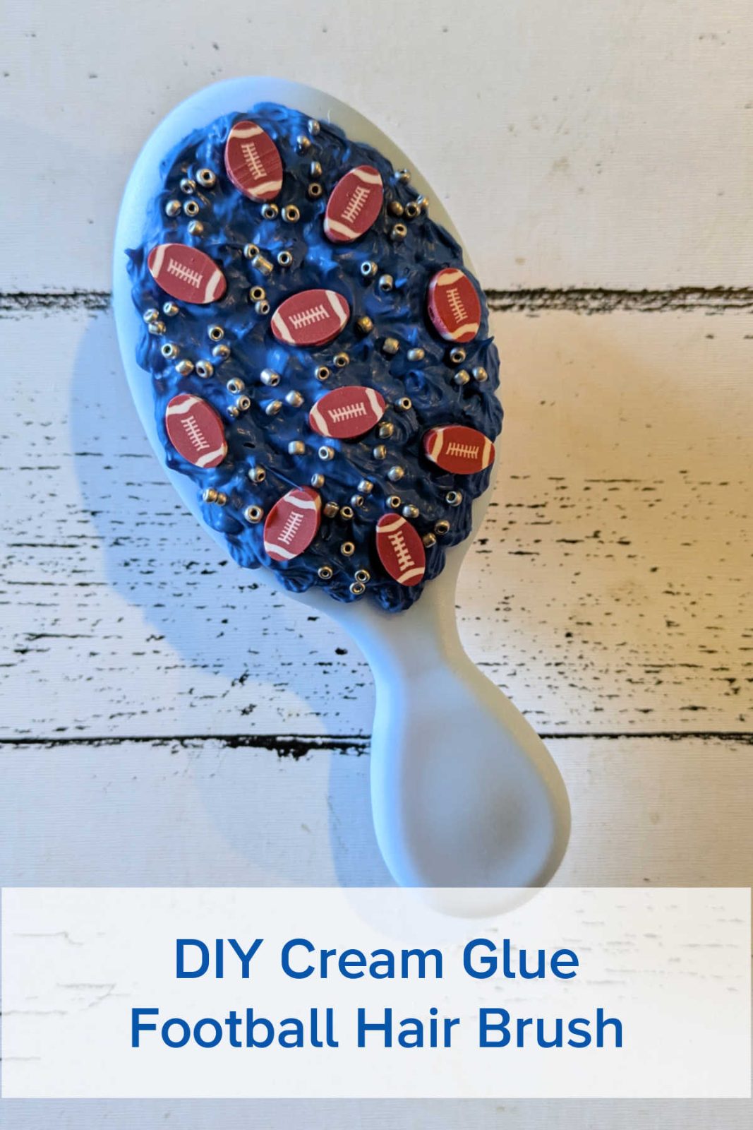 Create a game-day glam football hair brush with this easy DIY project! Use whipped cream glue and football-themed decorations to personalize your hairbrush. It's fun for any football fan!