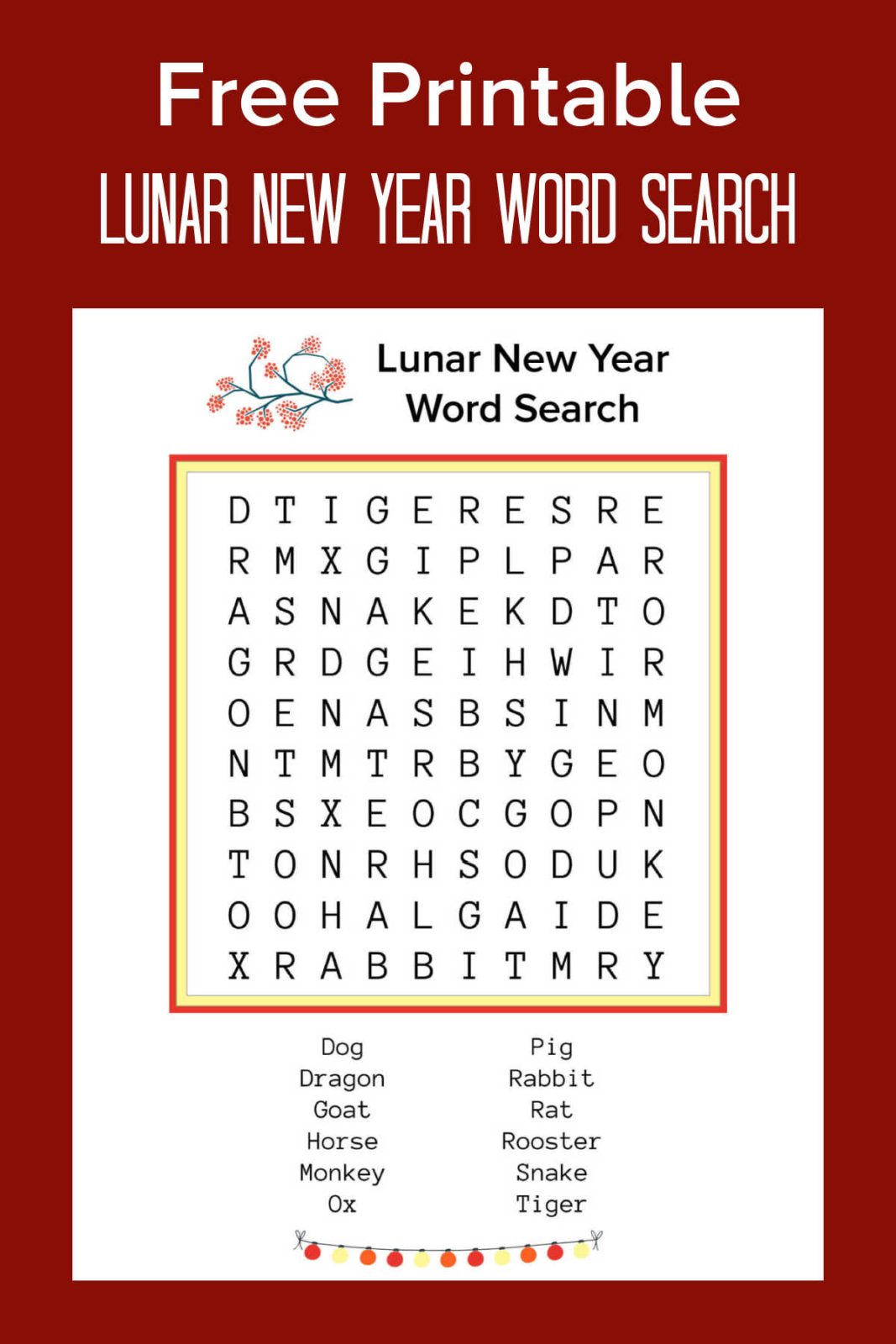 Celebrate with a free printable Lunar New Year word search featuring all 12 zodiac animals! Download the PDF and answer key for a fun activity for all ages.