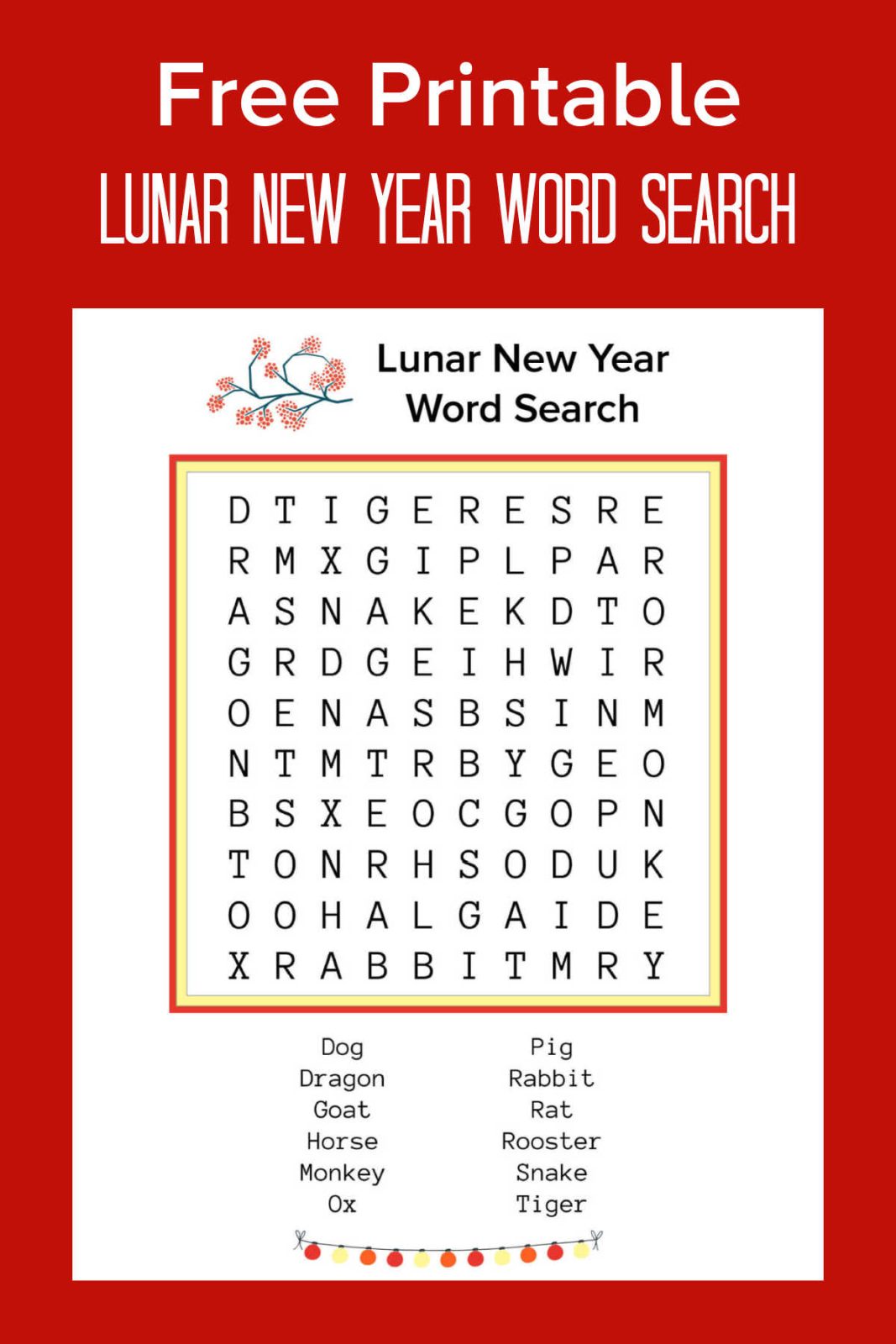 Celebrate with a free printable Lunar New Year word search featuring all 12 zodiac animals! Download the PDF and answer key for a fun activity for all ages.