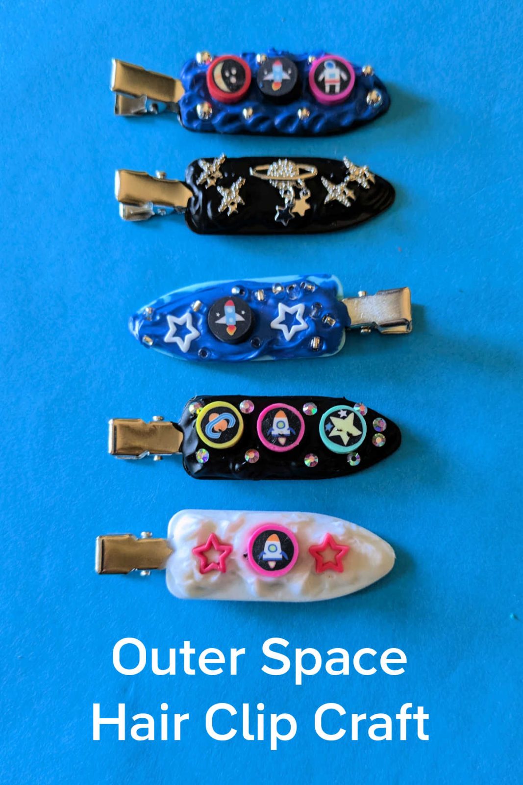 Blast off into a galaxy of creativity with these DIY Space Hair Clips! This easy and fun craft uses whipped cream glue and sparkling space-themed embellishments to create unique and out-of-this-world hair accessories.