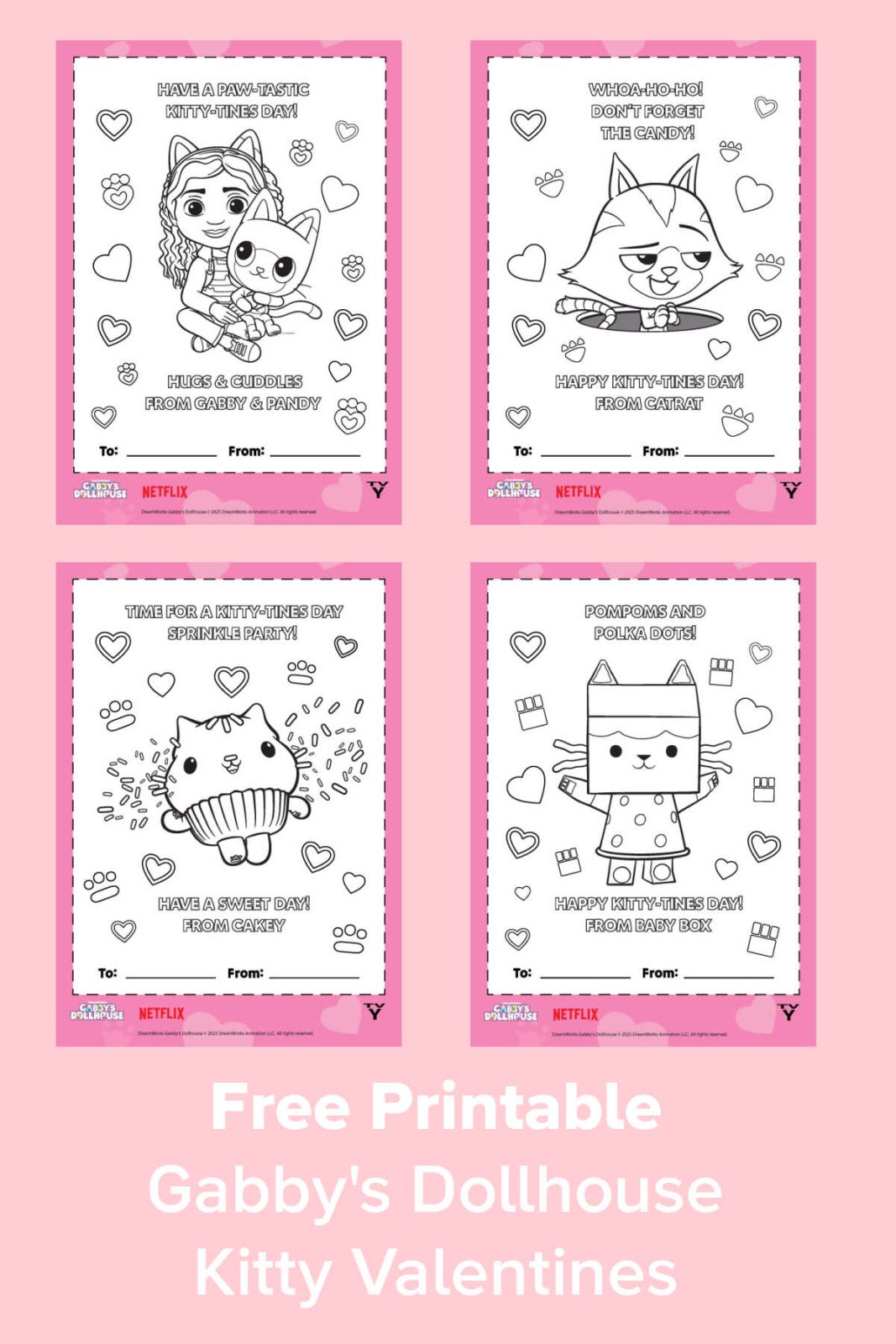 These adorable (and free!) Kitty Valentines are perfect for Gabby's Dollhouse fans to give out! Download these free printable Valentines featuring Gabby, Pandy, Catrat, Cakey, and Baby Box! 