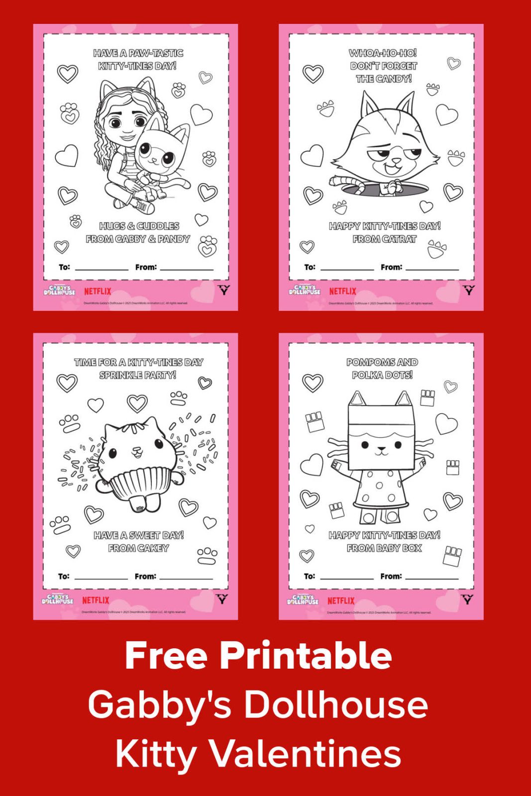 These adorable (and free!) Kitty Valentines are perfect for Gabby's Dollhouse fans to give out! Download these free printable Valentines featuring Gabby, Pandy, Catrat, Cakey, and Baby Box! 