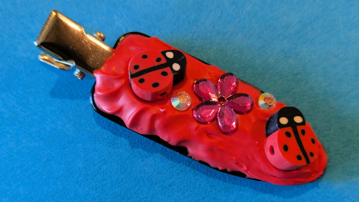 hair clip with ladybugs and rhinestones