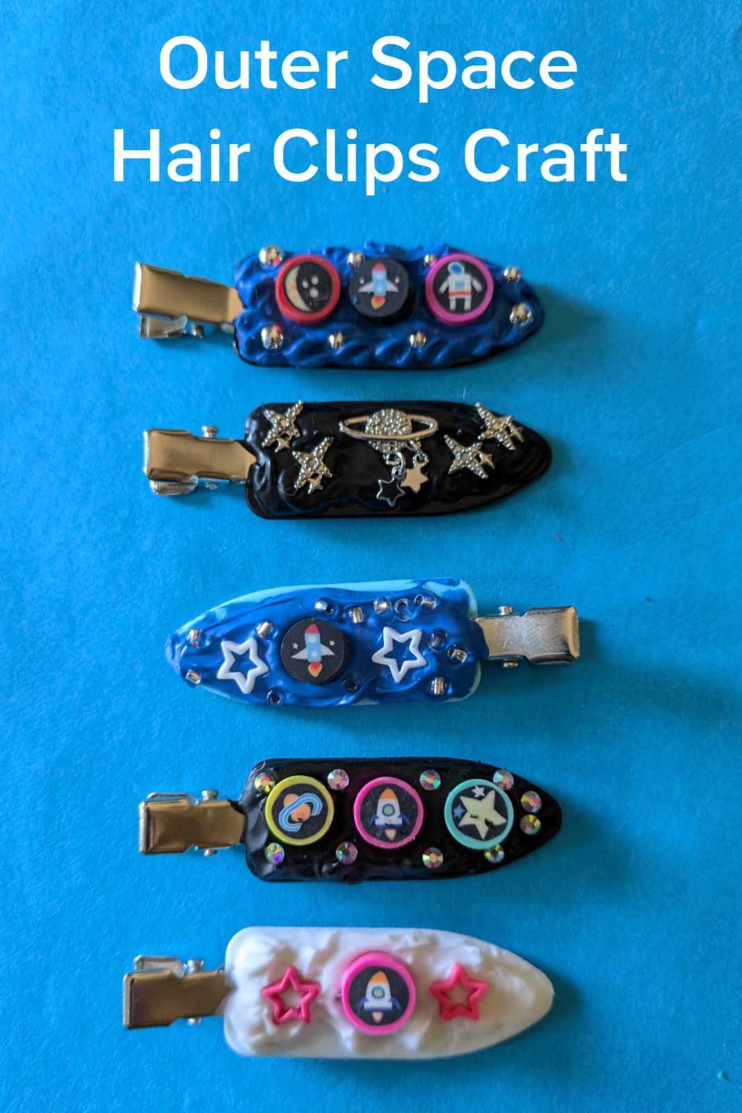 Blast off into a galaxy of creativity with these DIY Space Hair Clips! This easy and fun craft uses whipped cream glue and sparkling space-themed embellishments to create unique and out-of-this-world hair accessories.