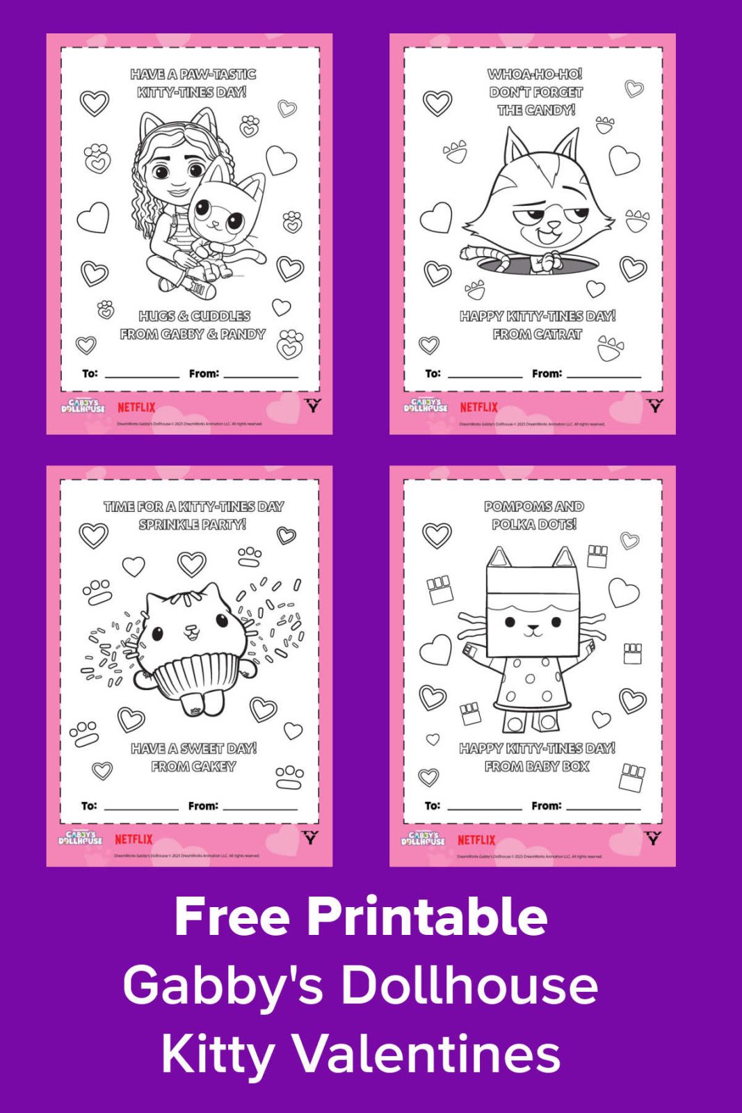 These adorable (and free!) Kitty Valentines are perfect for Gabby's Dollhouse fans to give out! Download these free printable Valentines featuring Gabby, Pandy, Catrat, Cakey, and Baby Box! 