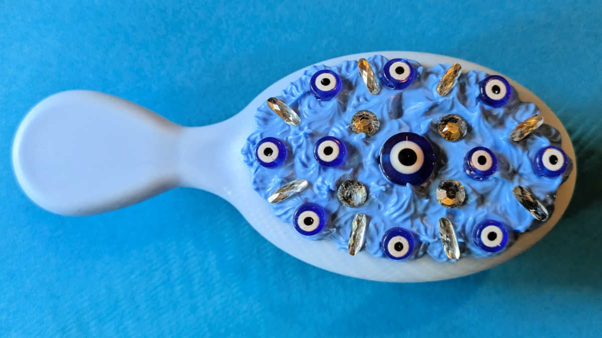 diy cream glue evil eye hair brush craft