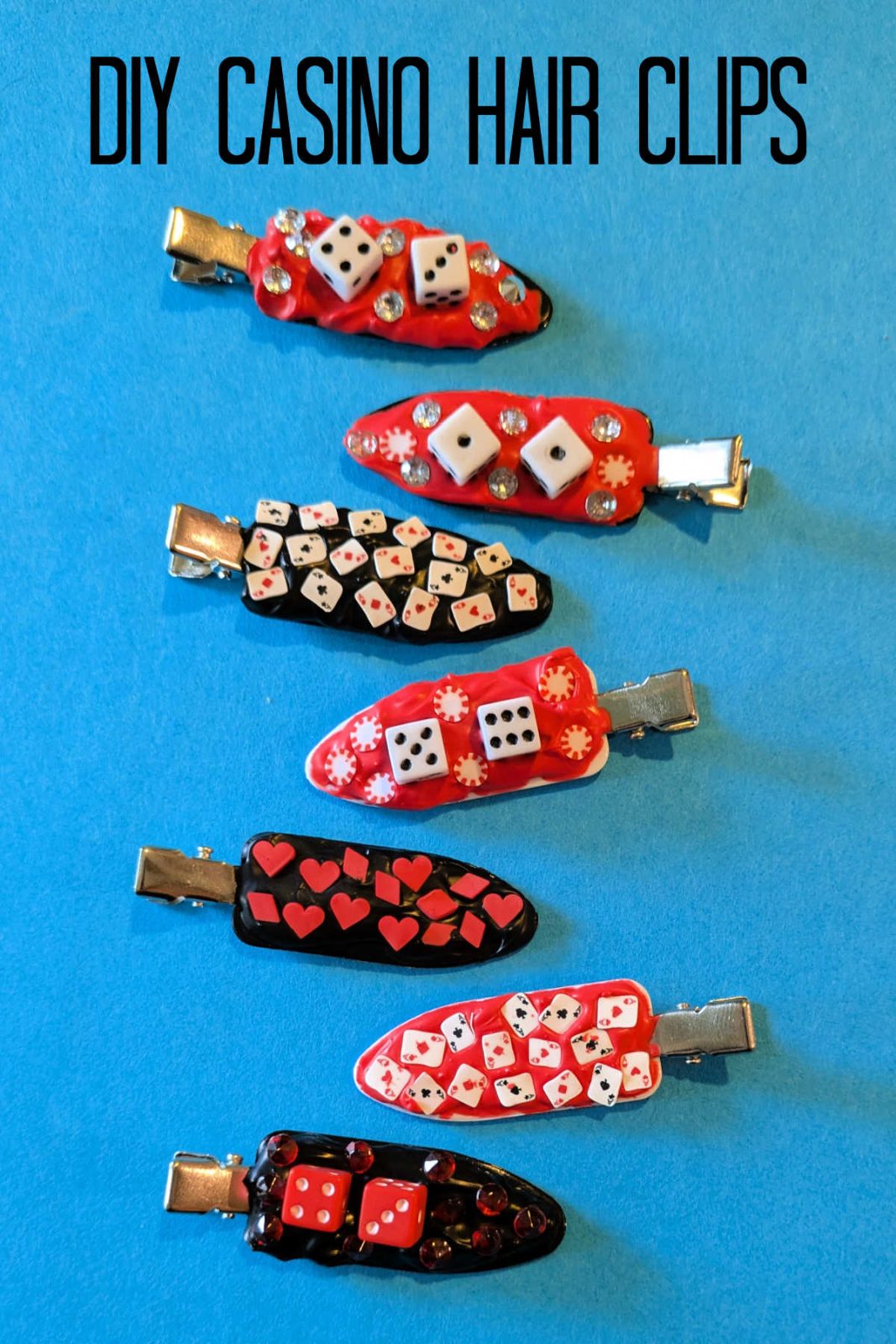 Feeling lucky? Craft your own dazzling DIY Casino Hair Clips with cream glue and fun Vegas-themed embellishments! Perfect for a girl's trip, casino night, or adding a high-roller style to any look.