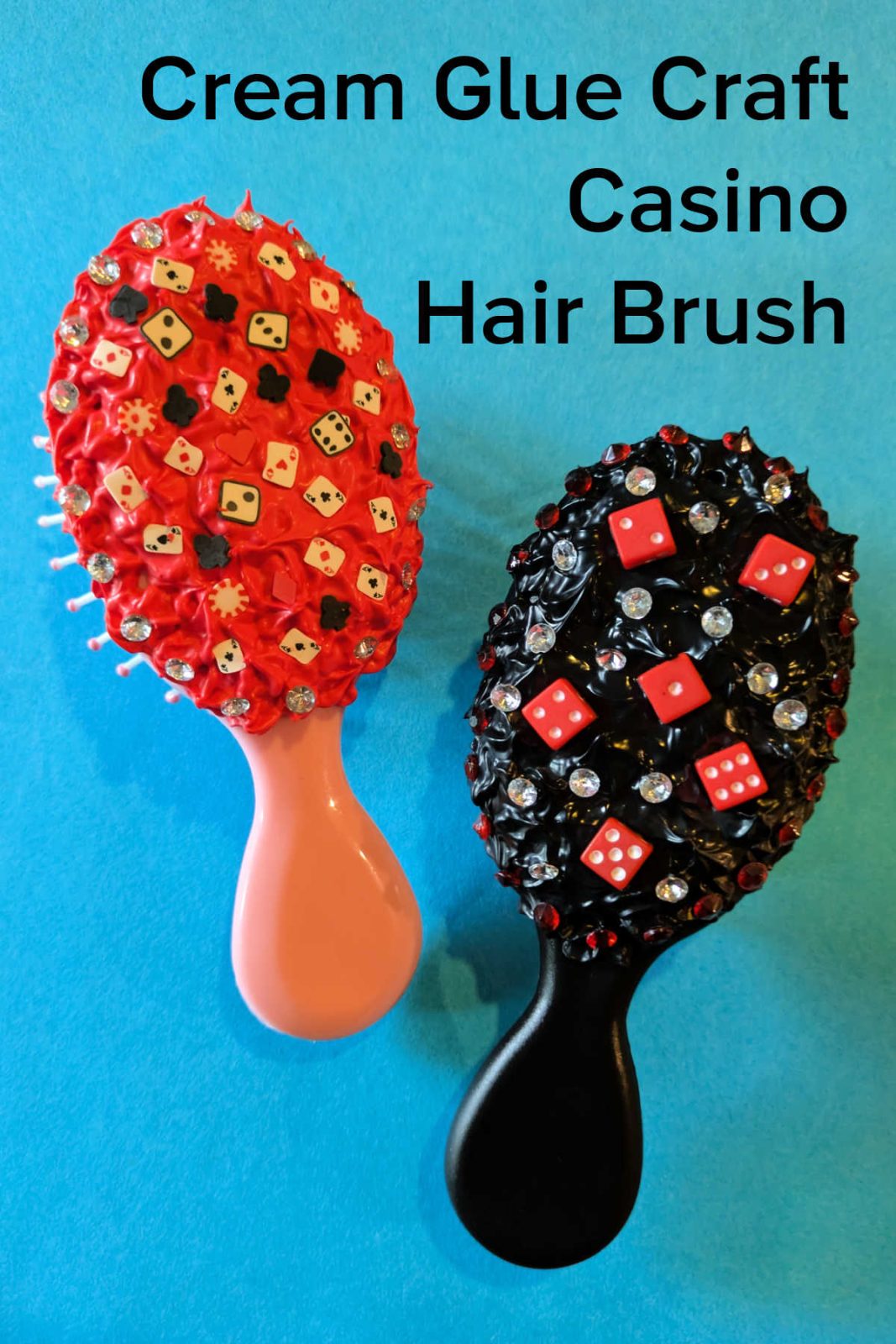 Craft your own dazzling DIY Casino Hair Brush with cream glue and fun Vegas-themed embellishments!  Add high-roller luck to your daily routine or a special casino night.