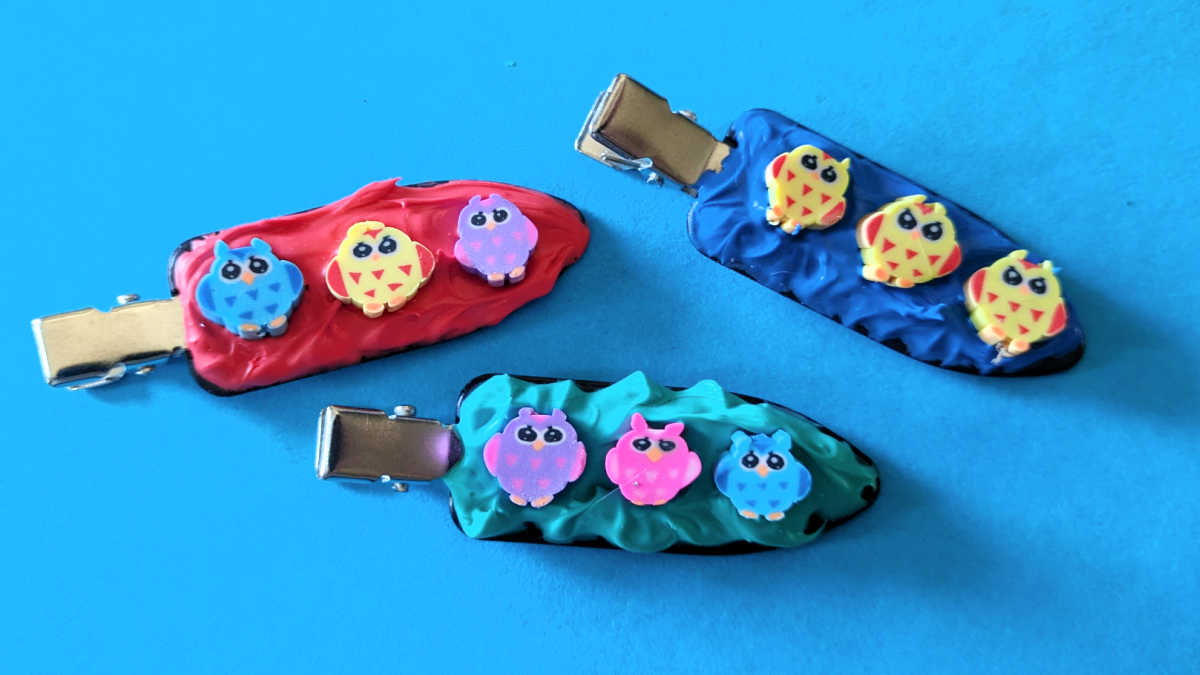cream glue diy owl hair clips