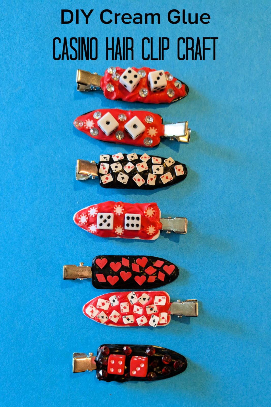 Feeling lucky? Craft your own dazzling DIY Casino Hair Clips with cream glue and fun Vegas-themed embellishments! Perfect for a girl's trip, casino night, or adding a high-roller style to any look.
