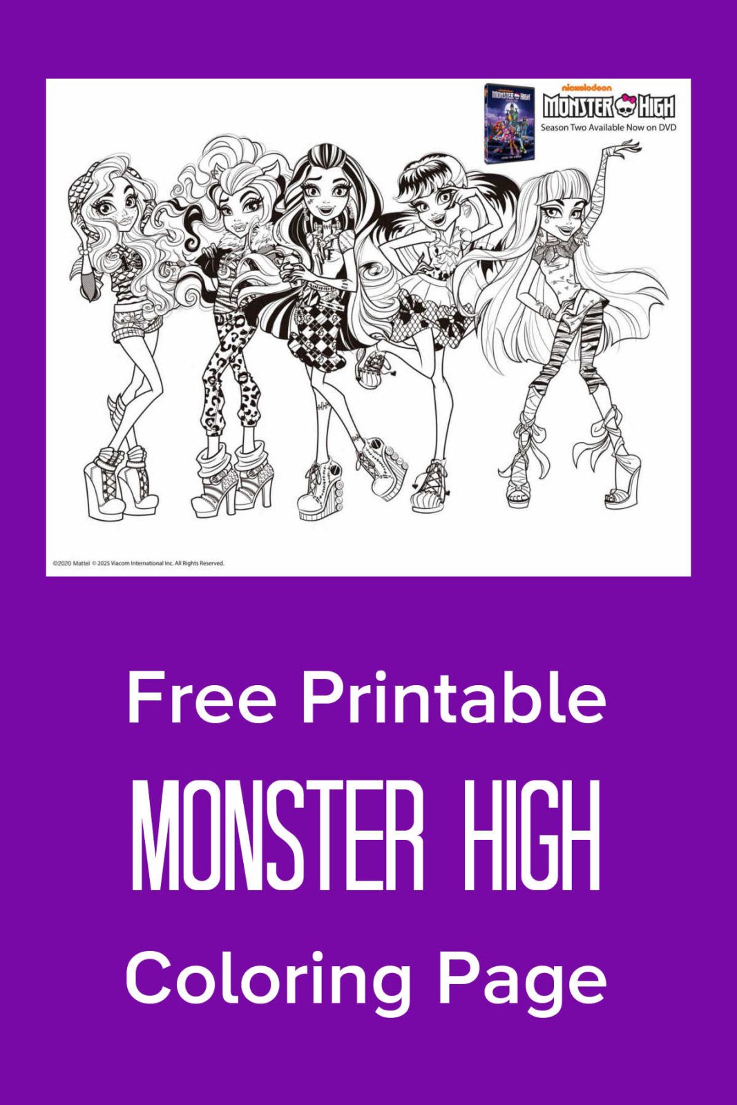 Free Monster High coloring page featuring Frankie, Draculaura, Clawdeen, Cleo, and Lagoona! Bring the ghoul crew to life!