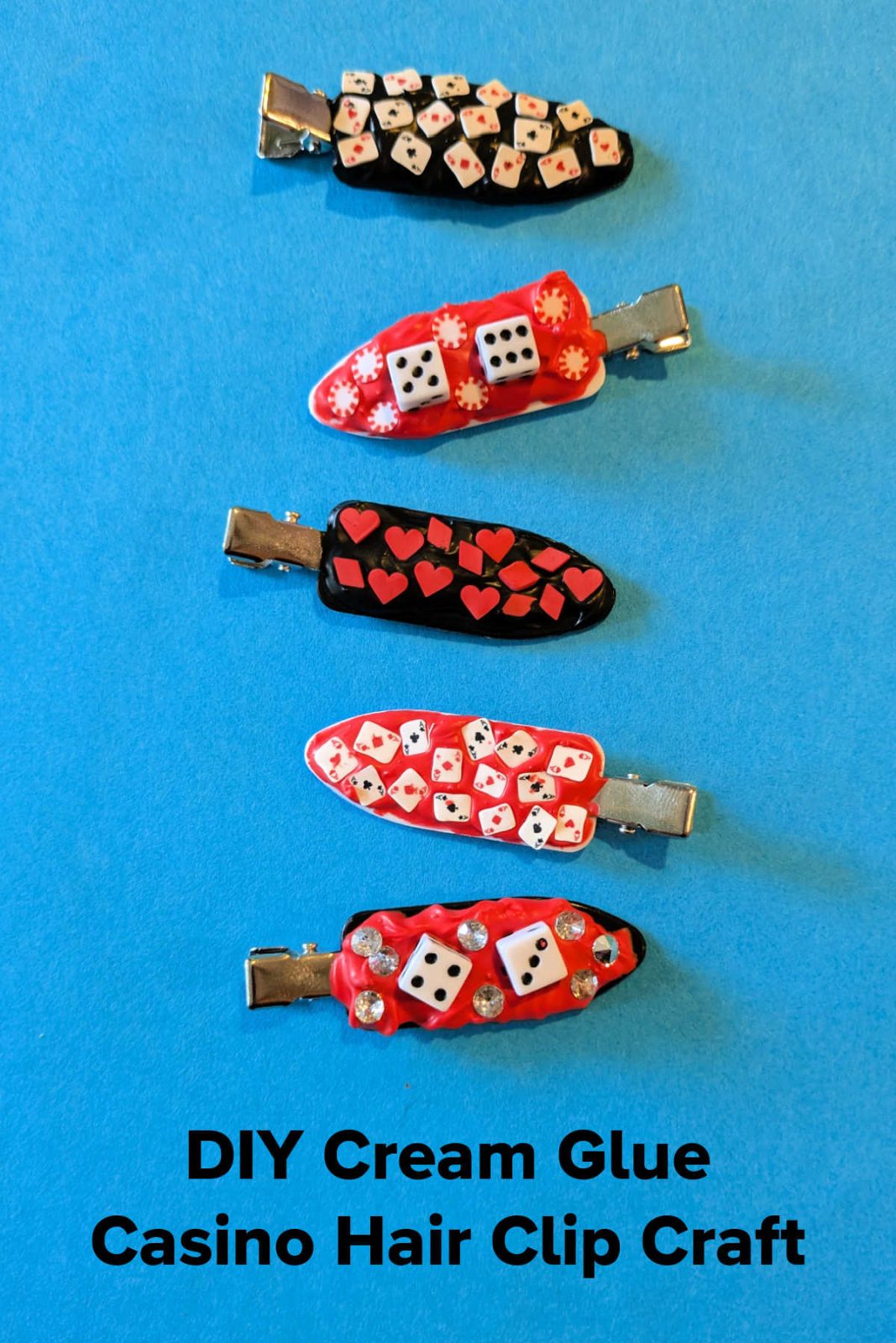 Feeling lucky? Craft your own dazzling DIY Casino Hair Clips with cream glue and fun Vegas-themed embellishments! Perfect for a girl's trip, casino night, or adding a high-roller style to any look.