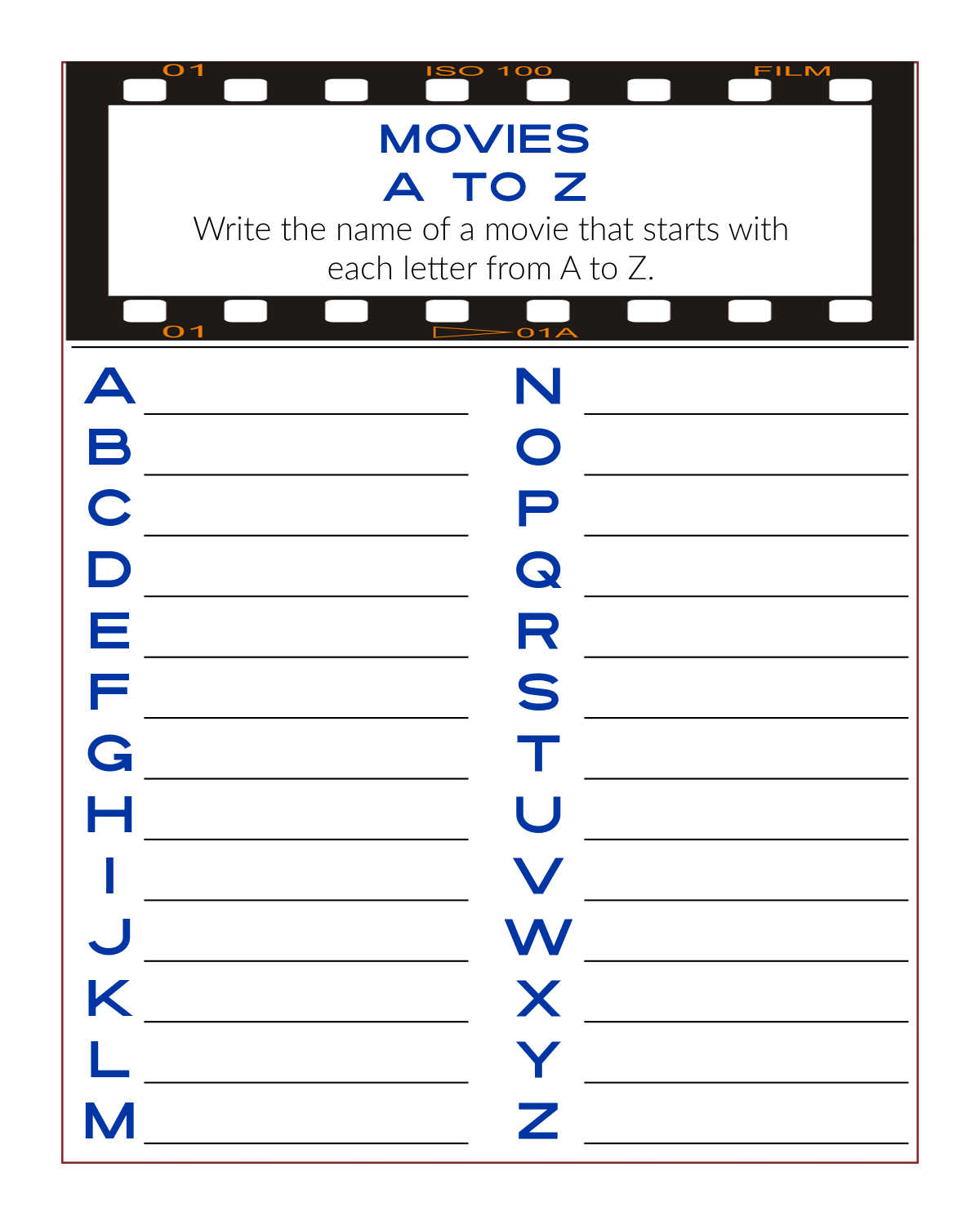 movies a to z movie activity page