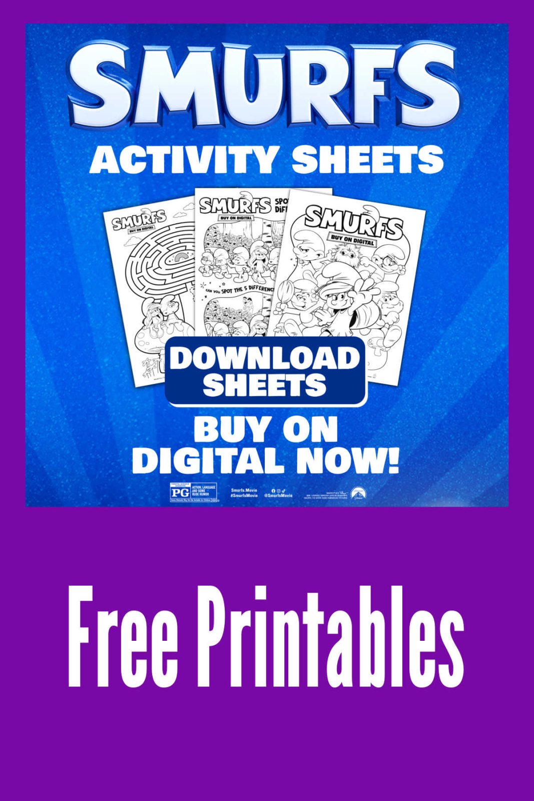 Celebrate the new Smurfs movie with our free Smurfs printables activity pack! Download a three-page PDF featuring a coloring page, a mushroom maze, and a spot the differences activity for endless fun.