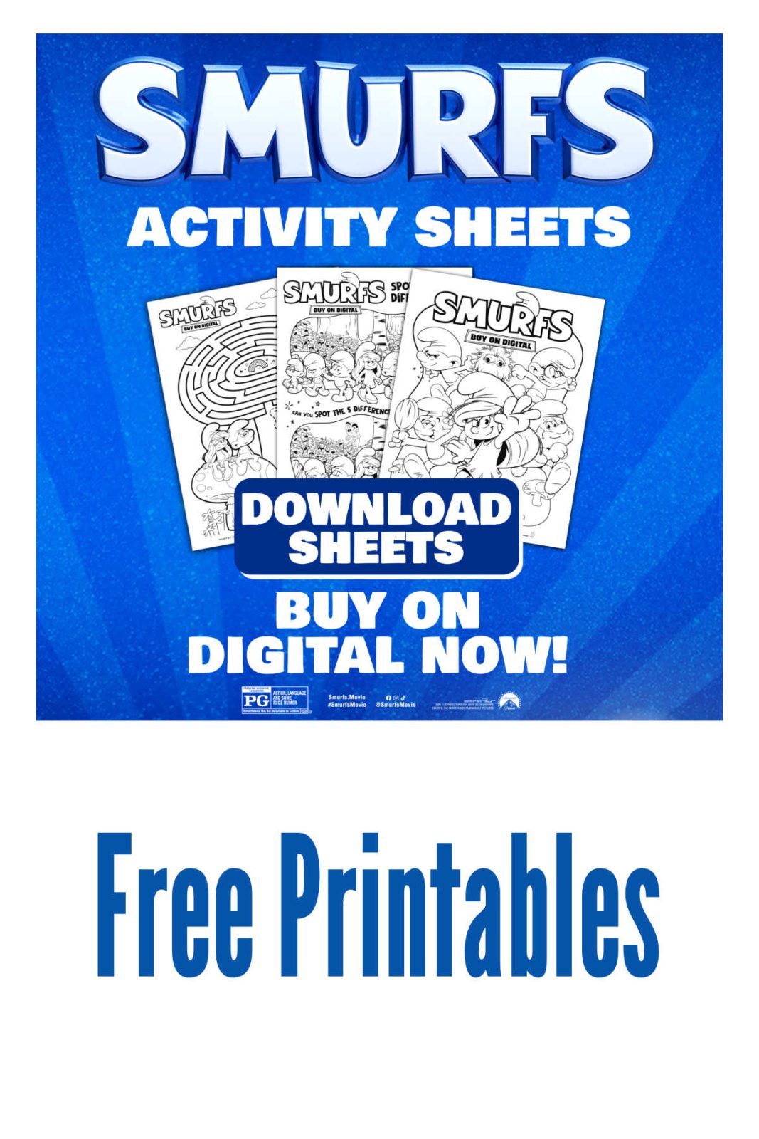 Celebrate the new Smurfs movie with our free Smurfs printables activity pack! Download a three-page PDF featuring a coloring page, a mushroom maze, and a spot the differences activity for endless fun.