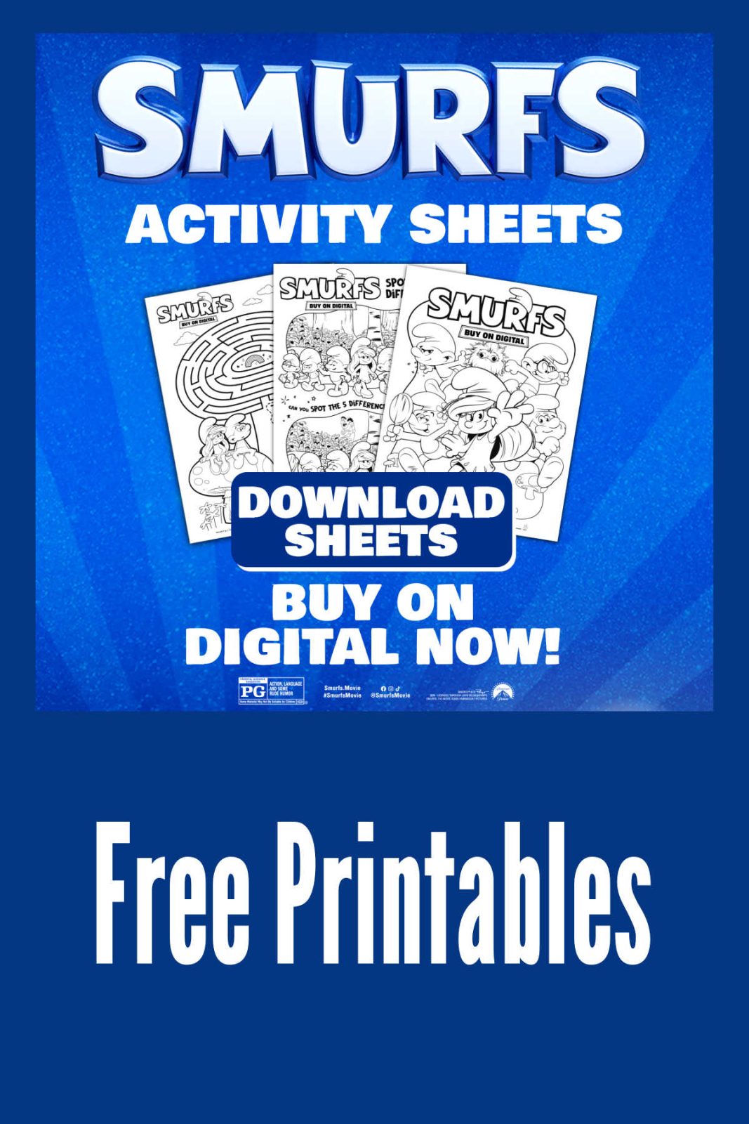 Celebrate the new Smurfs movie with our free Smurfs printables activity pack! Download a three-page PDF featuring a coloring page, a mushroom maze, and a spot the differences activity for endless fun.