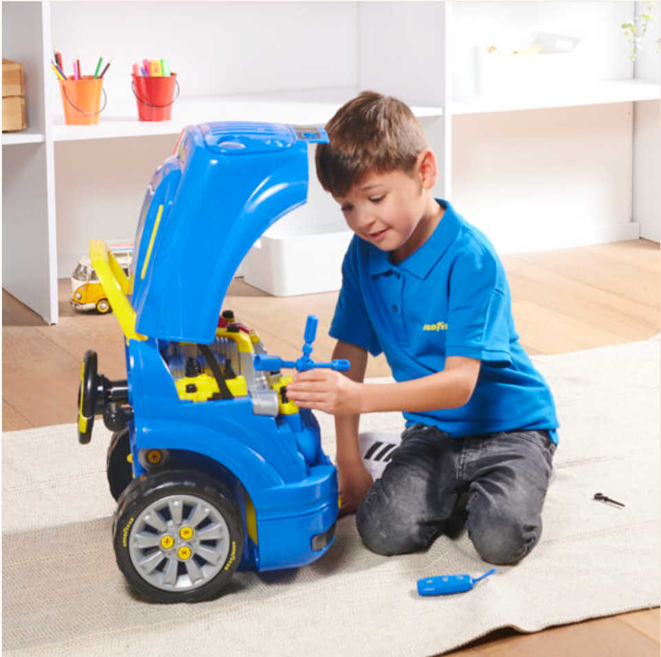 Introduce your child to mechanics with the Goodyear Kids Car Engine Repair Kit. It's a fun, safe, take-apart toy that builds fine motor skills and features realistic engine sounds!