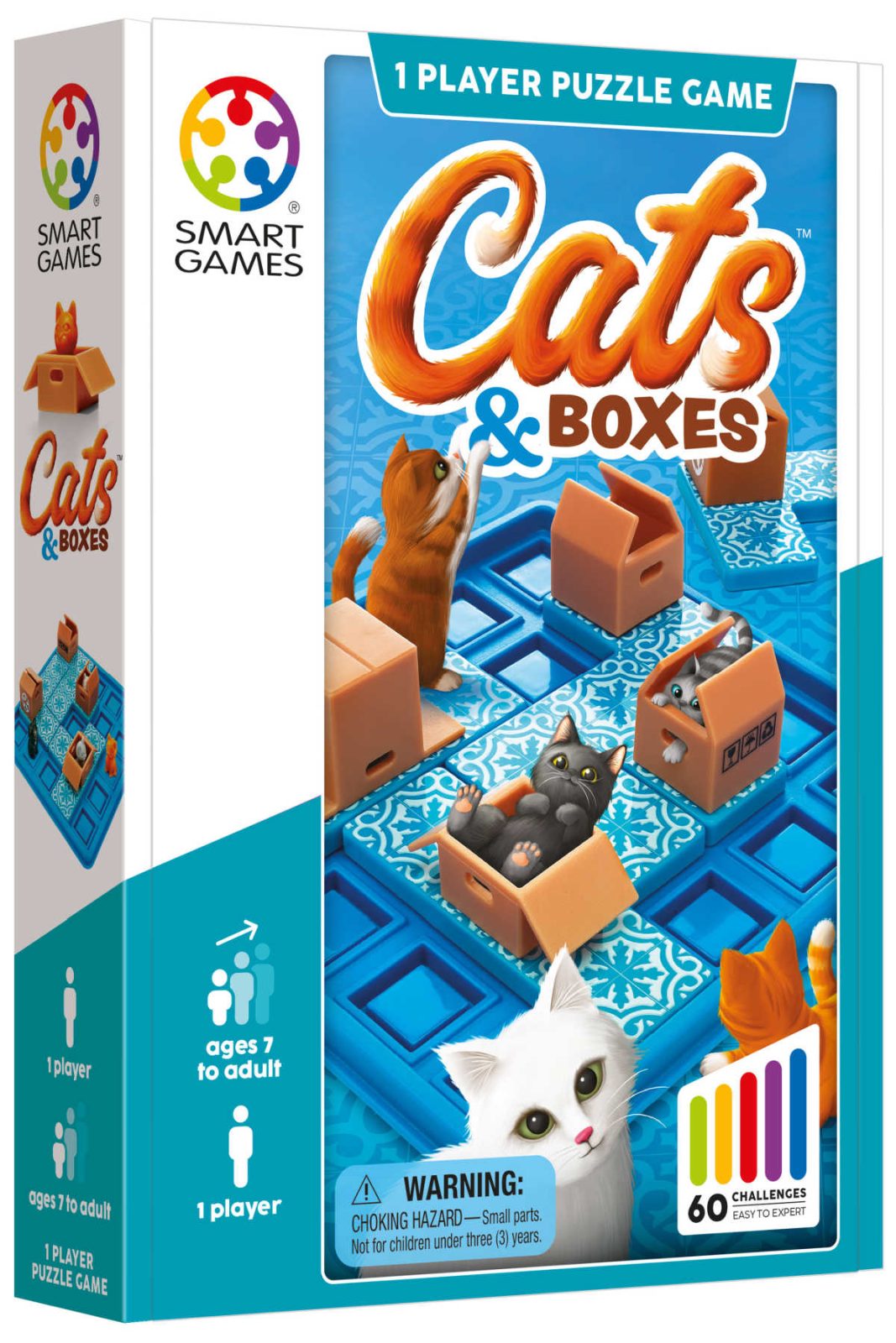 Cats & Boxes Travel Game is the compact, self-contained logic puzzle with 60 challenges for one person. Ideal for ages 7 to adult, it's the perfect gift for quiet entertainment on a plane, in the airport, or at home.