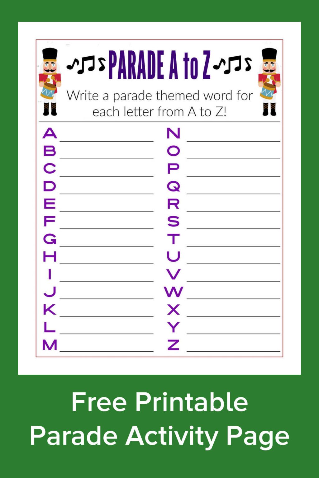 Free Printable Parade A to Z Word Activity Page 🎉🎺 - Mama Likes This