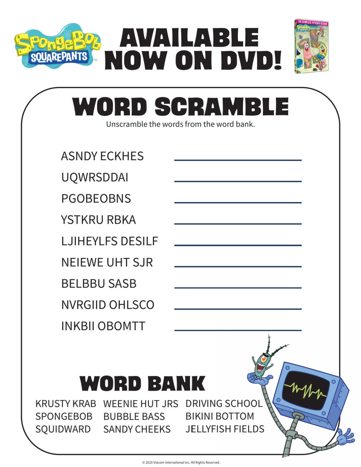printable spongebob word scramble