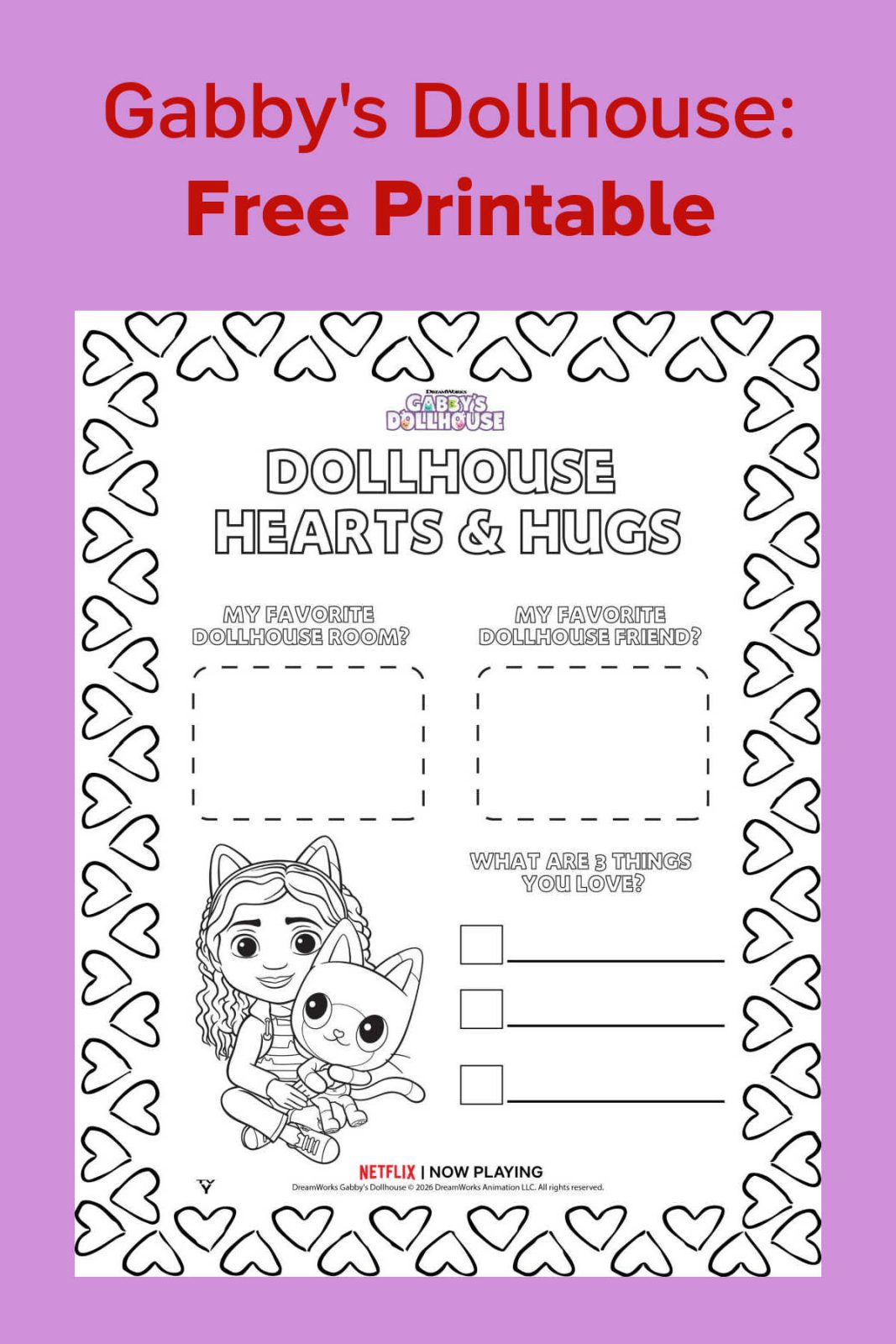 Download a free Gabby's Dollhouse Valentine's Day activity page! This cute printable includes coloring, drawing, and fun prompts for fans of the Netflix series.