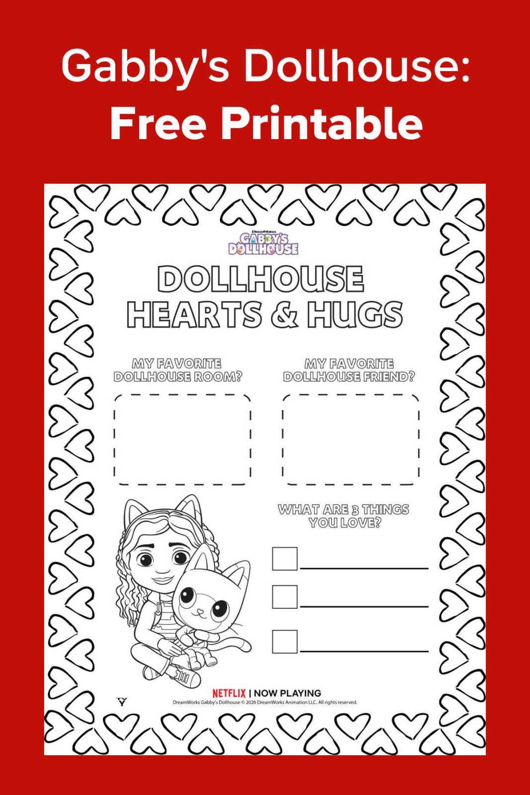 Download a free Gabby's Dollhouse Valentine's Day activity page! This cute printable includes coloring, drawing, and fun prompts for fans of the Netflix series.