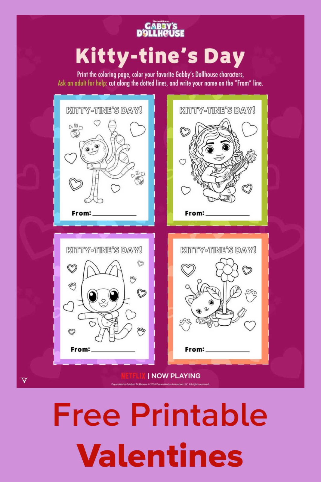 Download free Gabby's Dollhouse Valentine cards! This one-page PDF features 4 cute cards for kids to color, cut, and share with friends and family.
