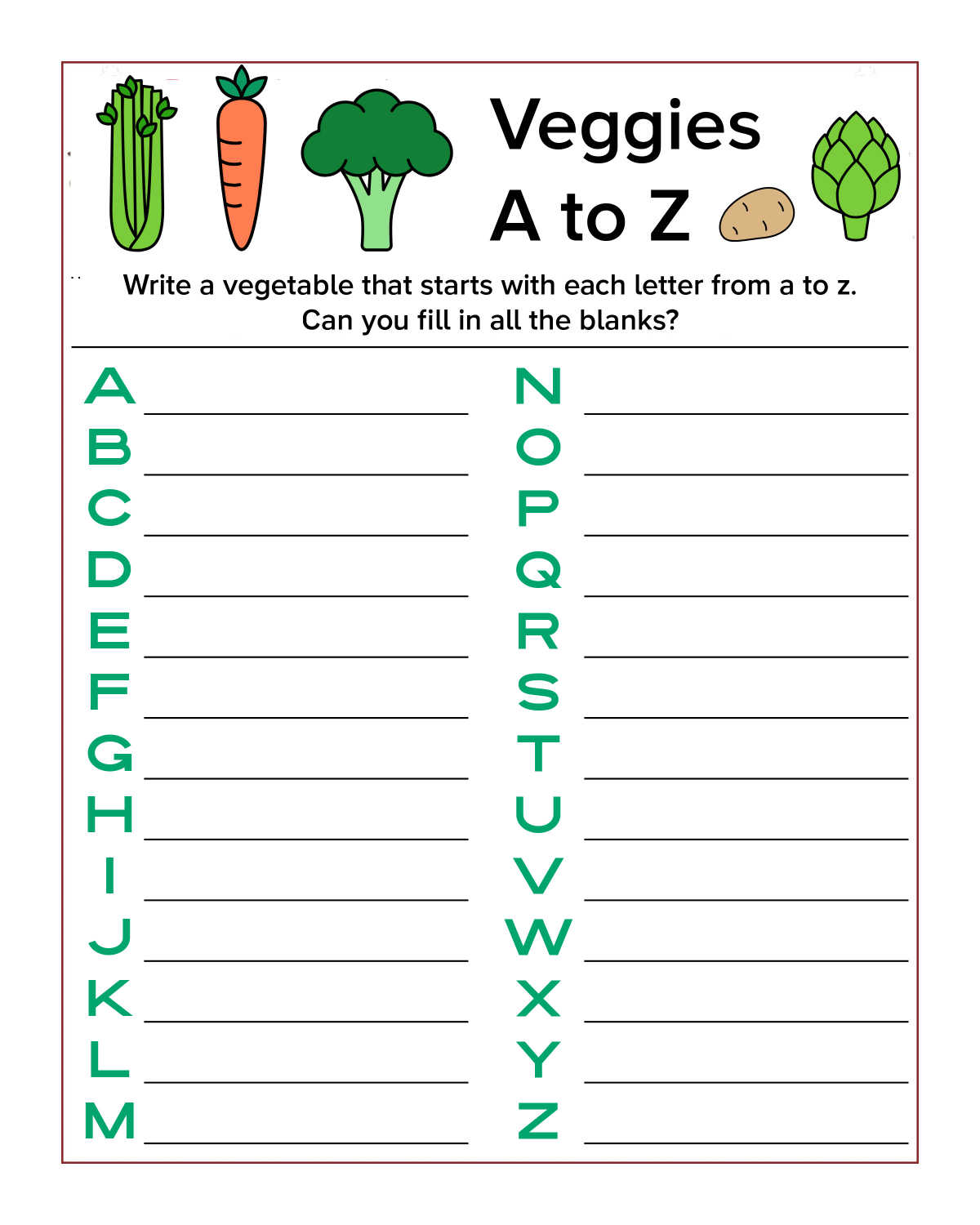 free printable vegetable activity page