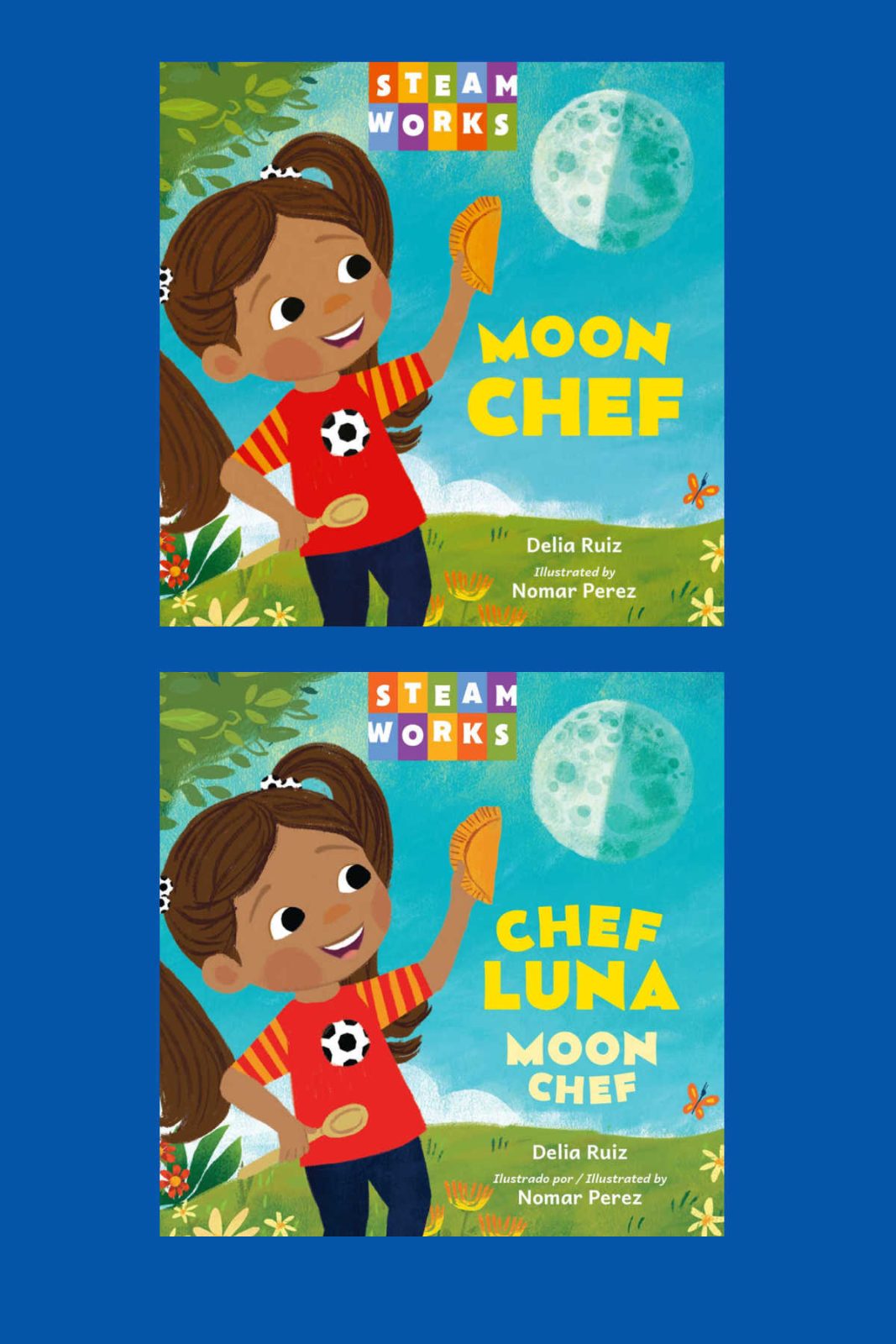 Blast off for a tasty journey with Moon Chef! 🌕 This interactive board book by Delia Ruiz teaches lunar phases through food shapes. Choose between the All-English edition or the English-Spanish Bilingual version! ✨