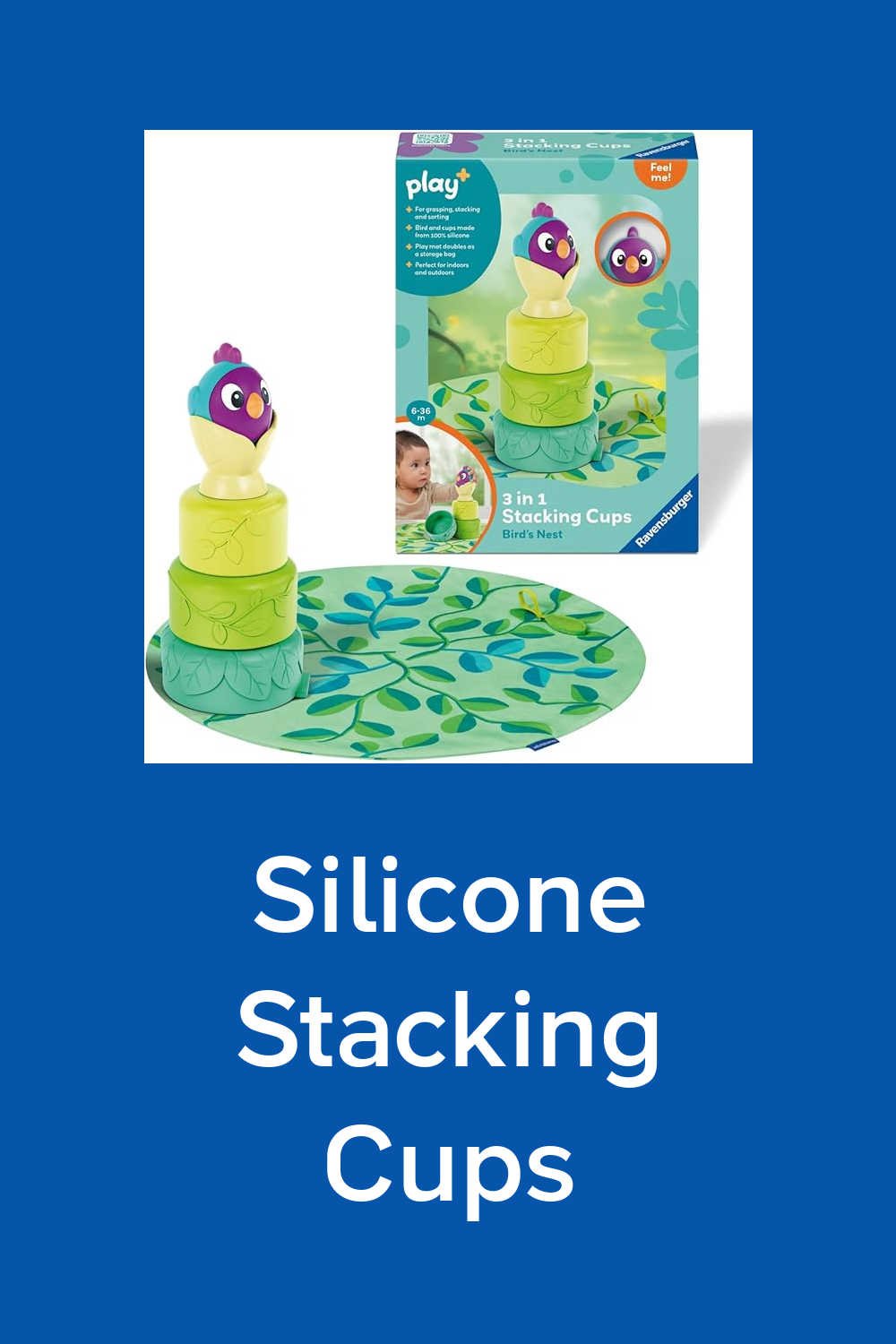 The Ravensburger Play+ Silicone Stacking Cups: Bird&rsquo;s Nest is a high-quality&nbsp;toy designed for babies. Featuring a bird rattle, nesting cups, and a fabric playmat that doubles as a storage bag, it&rsquo;s an excellent gift for sensory play in the bath, sand, or playroom! 🐦