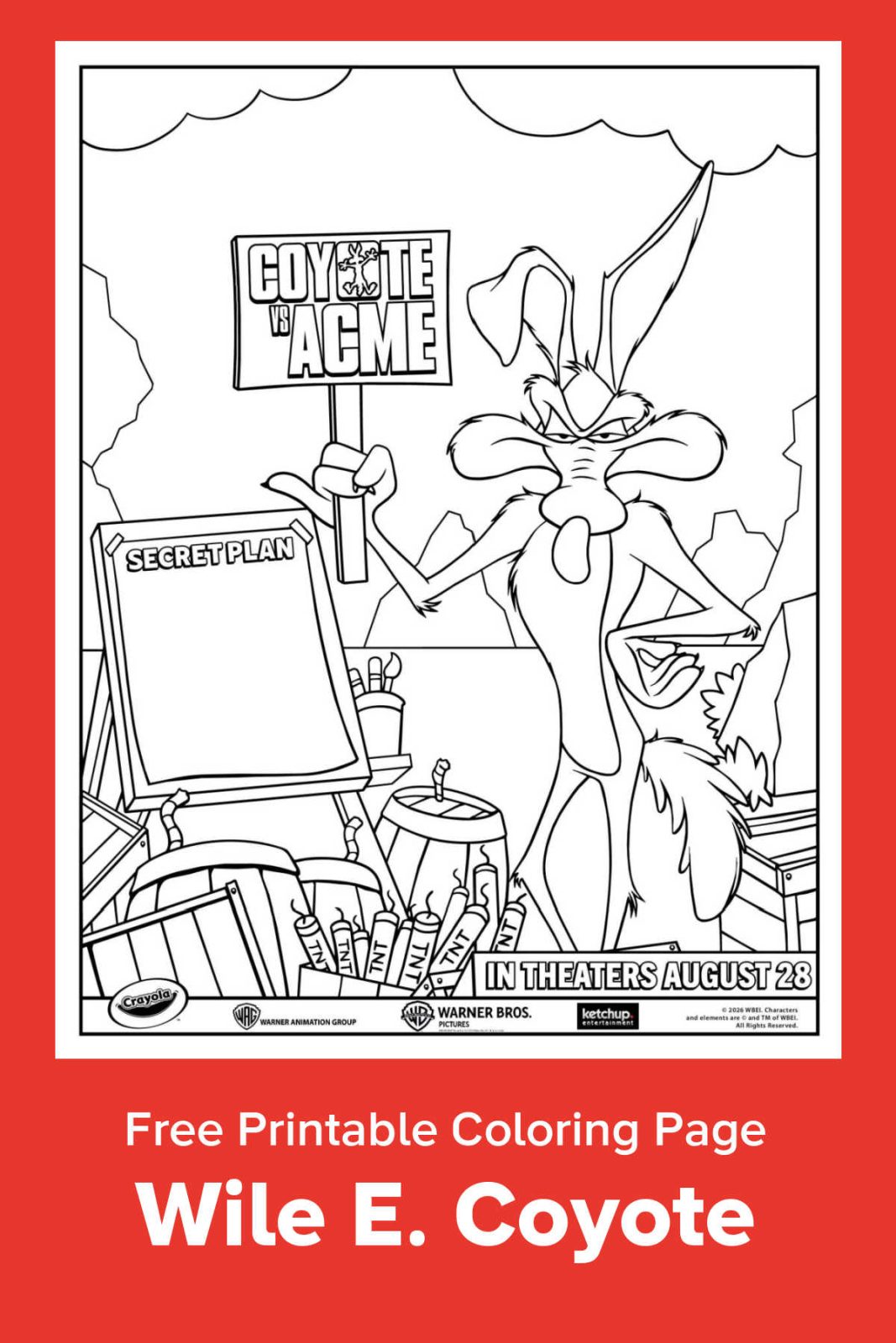 Celebrate the release of Coyote vs. Acme with a free printable coloring page! Featuring a special Crayola "Creative Moments" collaboration, this sheet shows Wile E. Coyote scheming up his latest plan. It's perfect for kids, parents, and grandparents who love classic Looney Tunes nostalgia.