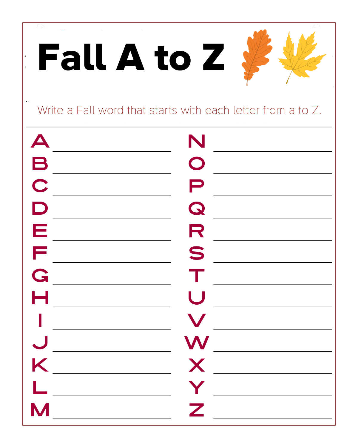 free printable fall a to z activity page