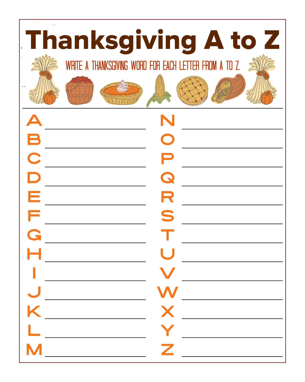 free printable thanksgiving a to z activity page