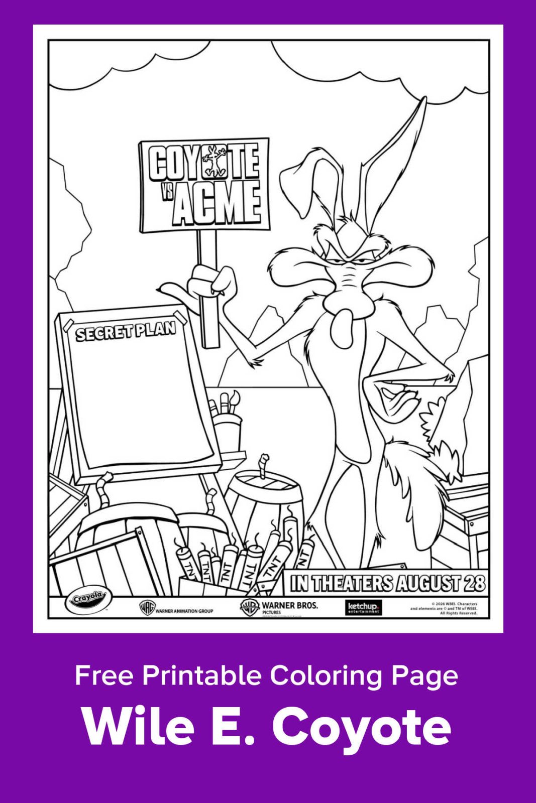 Celebrate the release of Coyote vs. Acme with a free printable coloring page! Featuring a special Crayola "Creative Moments" collaboration, this sheet shows Wile E. Coyote scheming up his latest plan. It's perfect for kids, parents, and grandparents who love classic Looney Tunes nostalgia.