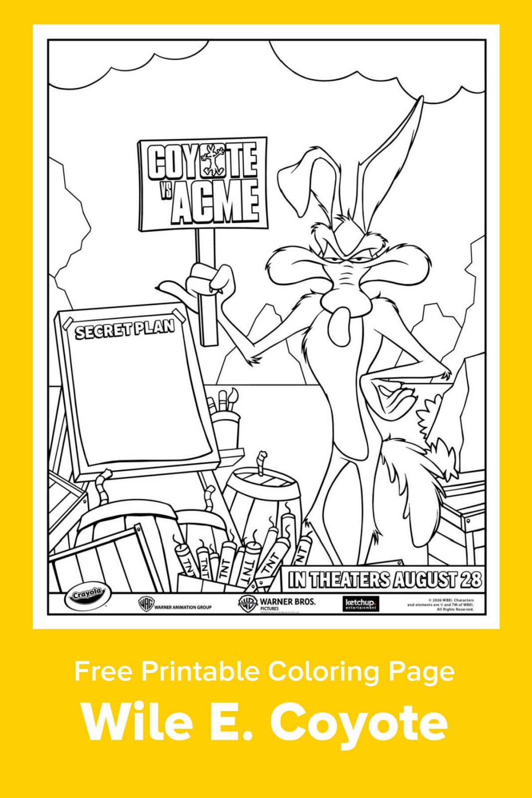 Celebrate the release of Coyote vs. Acme with a free printable coloring page! Featuring a special Crayola "Creative Moments" collaboration, this sheet shows Wile E. Coyote scheming up his latest plan. It's perfect for kids, parents, and grandparents who love classic Looney Tunes nostalgia.