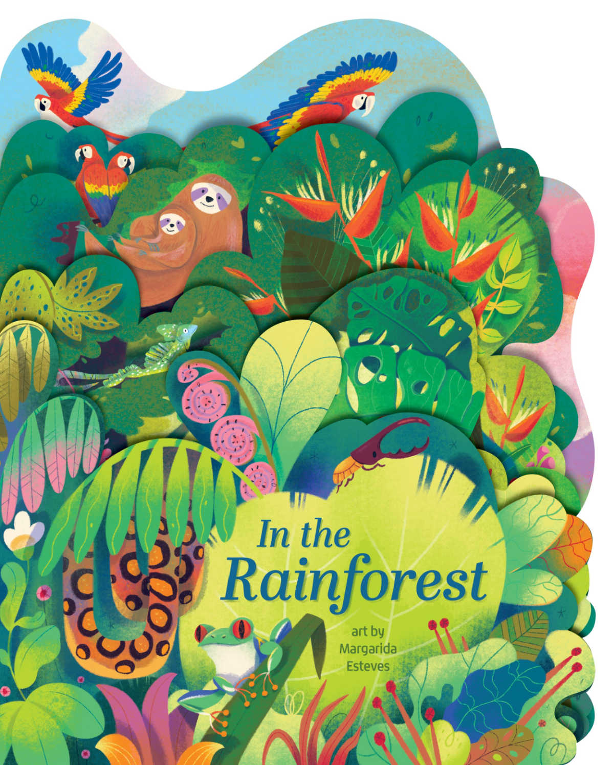Journey deep into the jungle with In the Rainforest by Margarida Esteves! See how clever layered die-cut pages, bold vibrant illustrations, and rich search-and-find details make this Gibbs Smith board book an engaging read for babies and preschoolers.